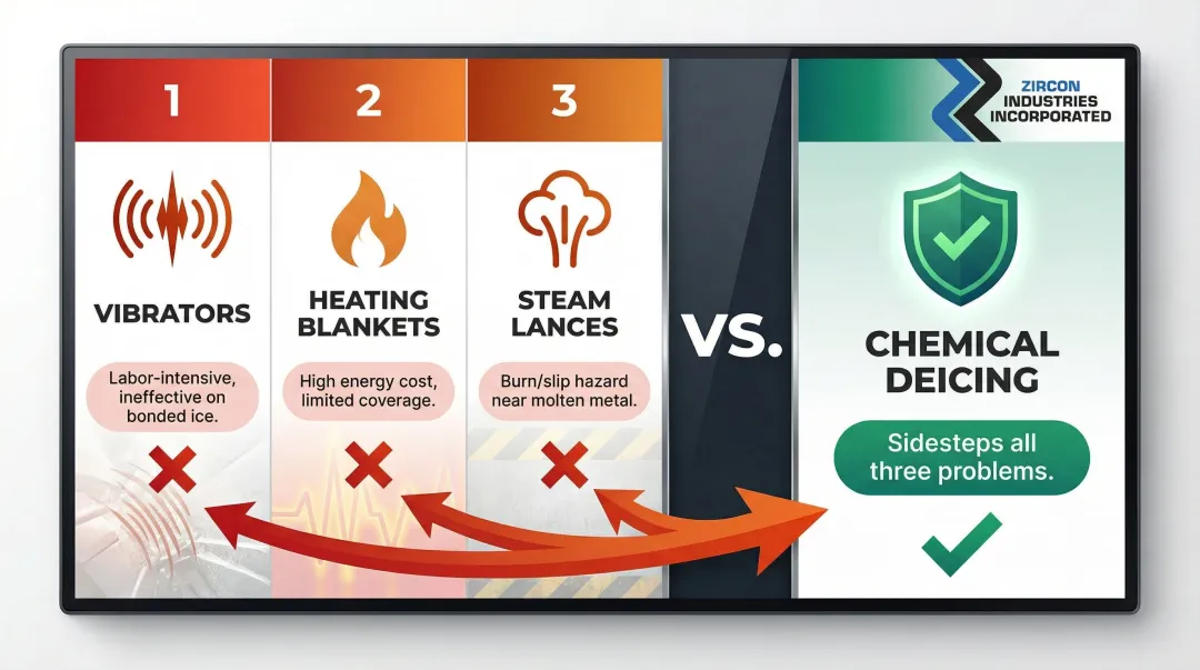 Three traditional conveyor deicing methods versus chemical prevention comparison infographic