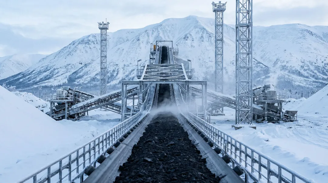 Industrial bulk material conveyor belt system operating in winter cold weather conditions