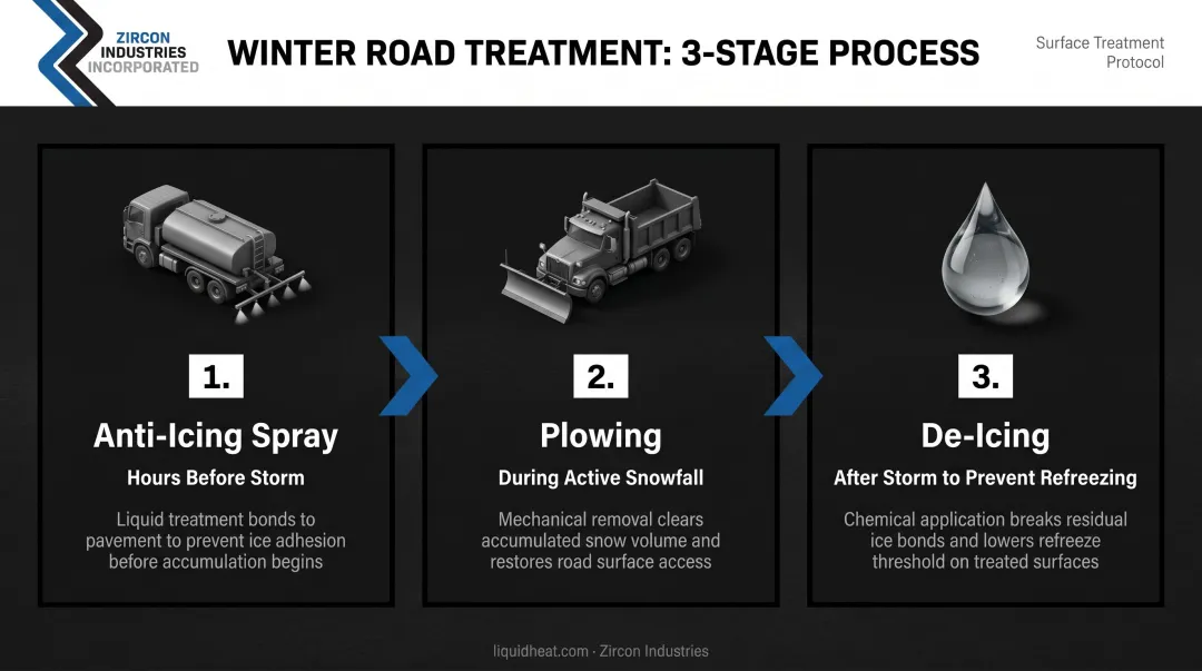 Three-step winter road treatment process anti-icing plowing and de-icing sequence