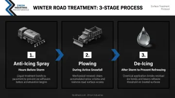 Three-step winter road treatment process anti-icing plowing and de-icing sequence