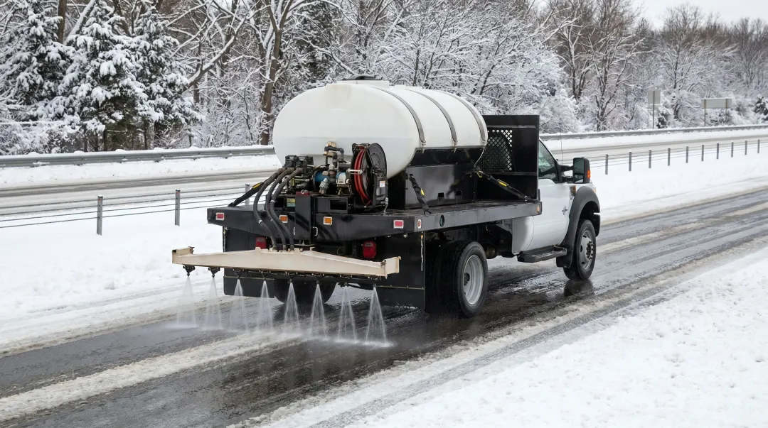 Aerial view of highway salt brine spray truck treating roads before winter storm