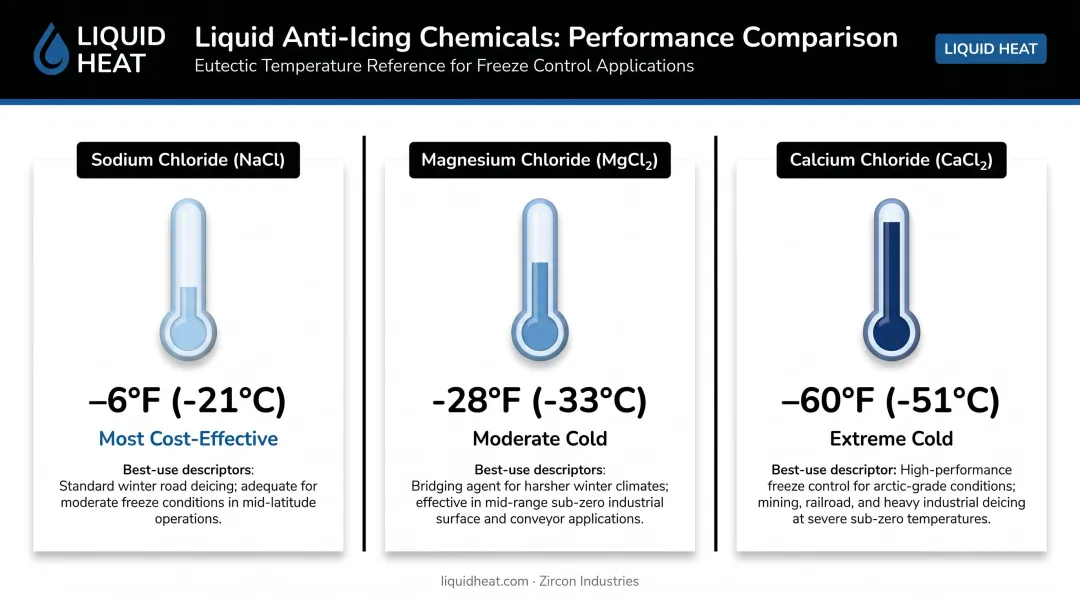 Comparison of three road deicer chemicals freeze points and optimal use cases