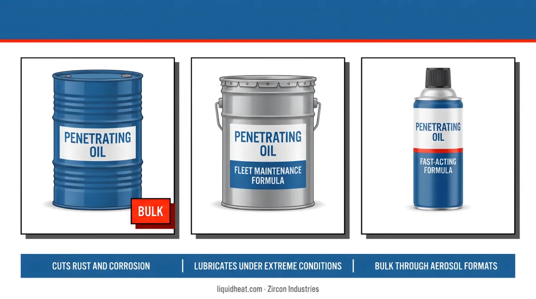 Industrial bulk penetrating oil containers and aerosol cans for fleet maintenance supply