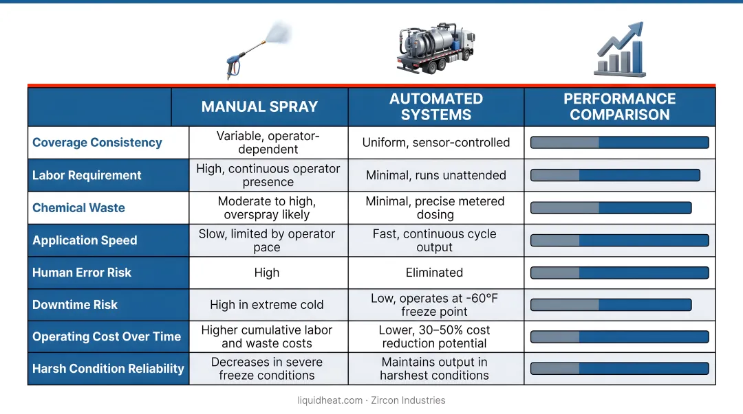 Three deicer application methods comparison manual spray automated systems performance