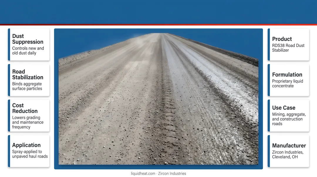 Zircon RDS38 road dust stabilizer product applied to unpaved haul road