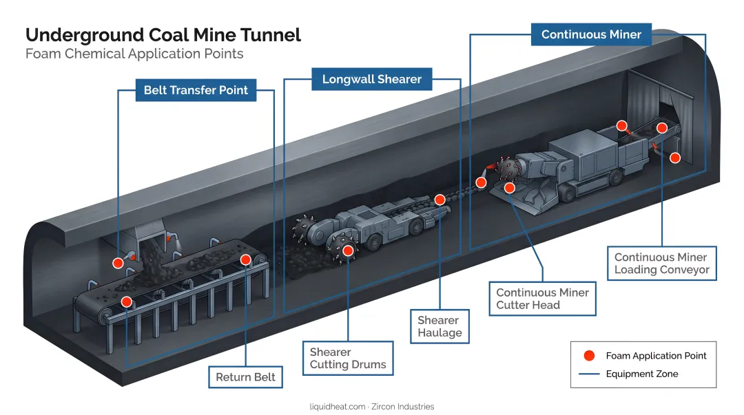 Underground coal mine foam application points belt transfer shearer and continuous miner diagram
