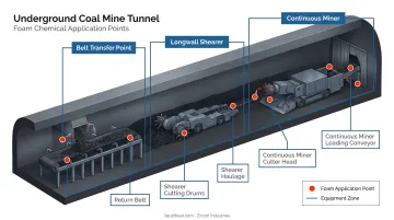 Underground coal mine foam application points belt transfer shearer and continuous miner diagram