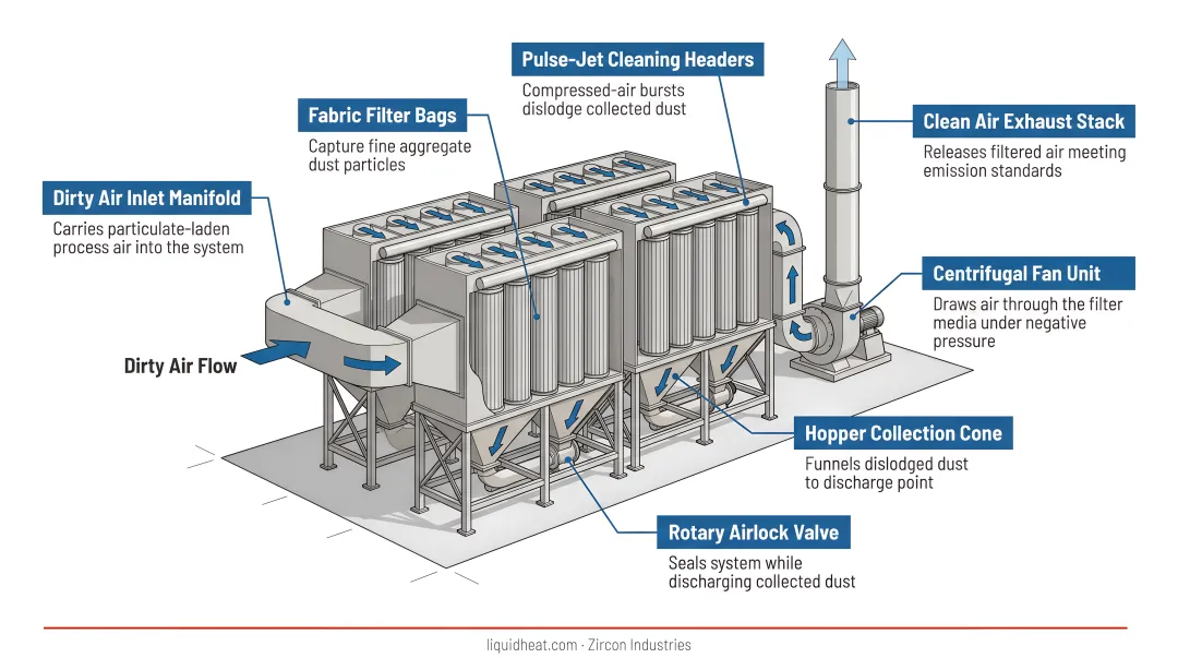 Industrial baghouse dust collection system installed in aggregate processing facility