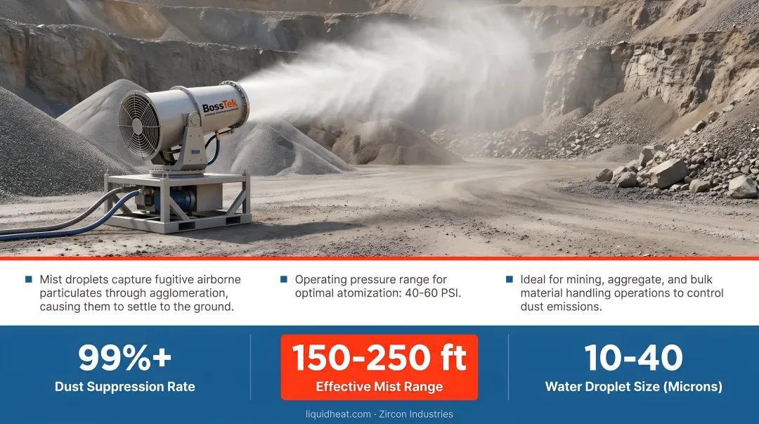 BossTek DustBoss atomized misting cannon operating on outdoor mining site