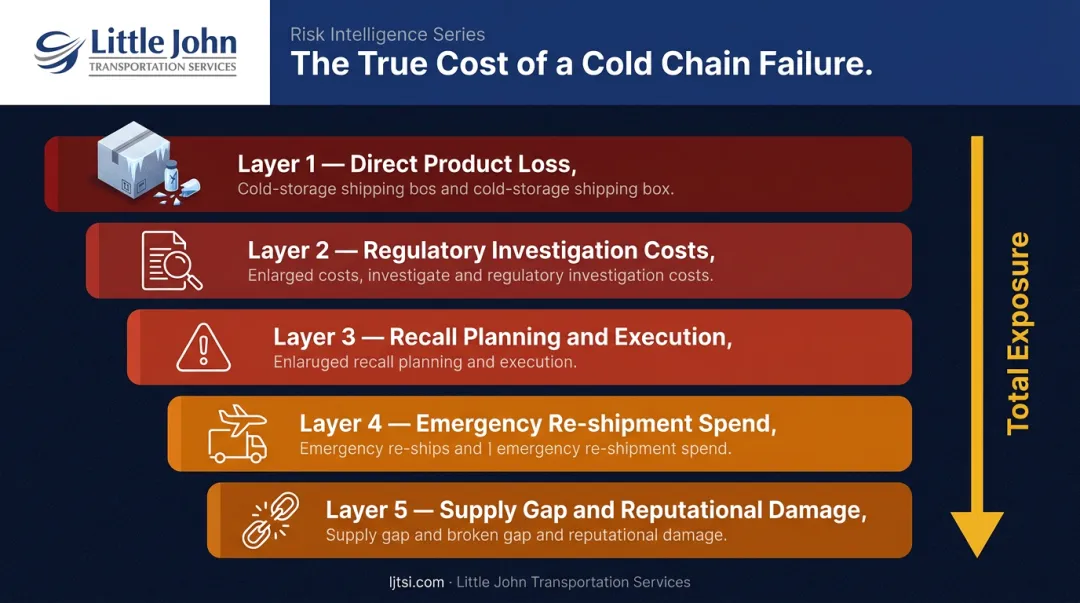 Cold chain logistics failure cascading financial costs from product loss to recall infographic