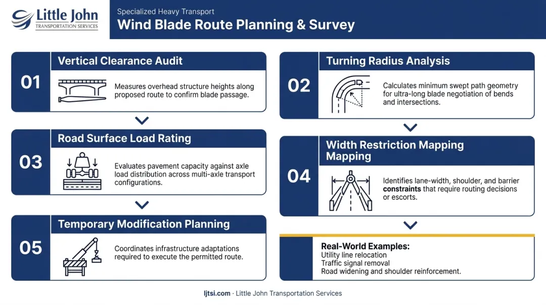 5-step wind blade route survey and planning process flow diagram