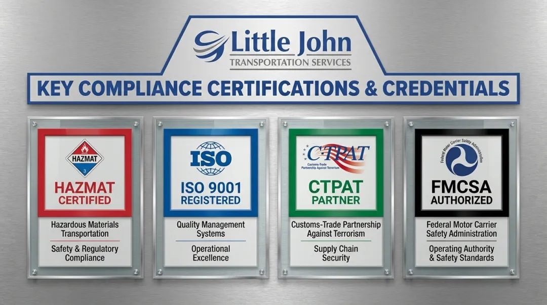 Little John Transportation compliance certifications including HMSP ISO CTPAT and FMCSA credentials