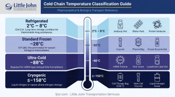 Four clinical trial IMP temperature classifications ranges and typical products infographic