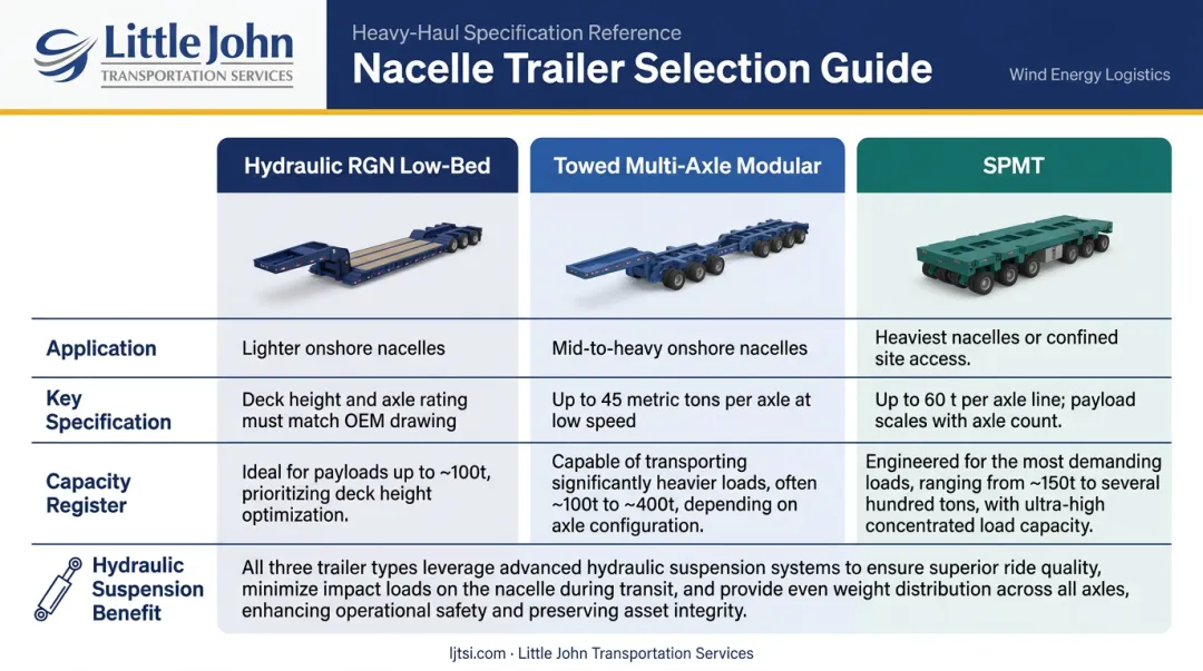 Three nacelle trailer types comparison hydraulic RGN modular and SPMT specifications