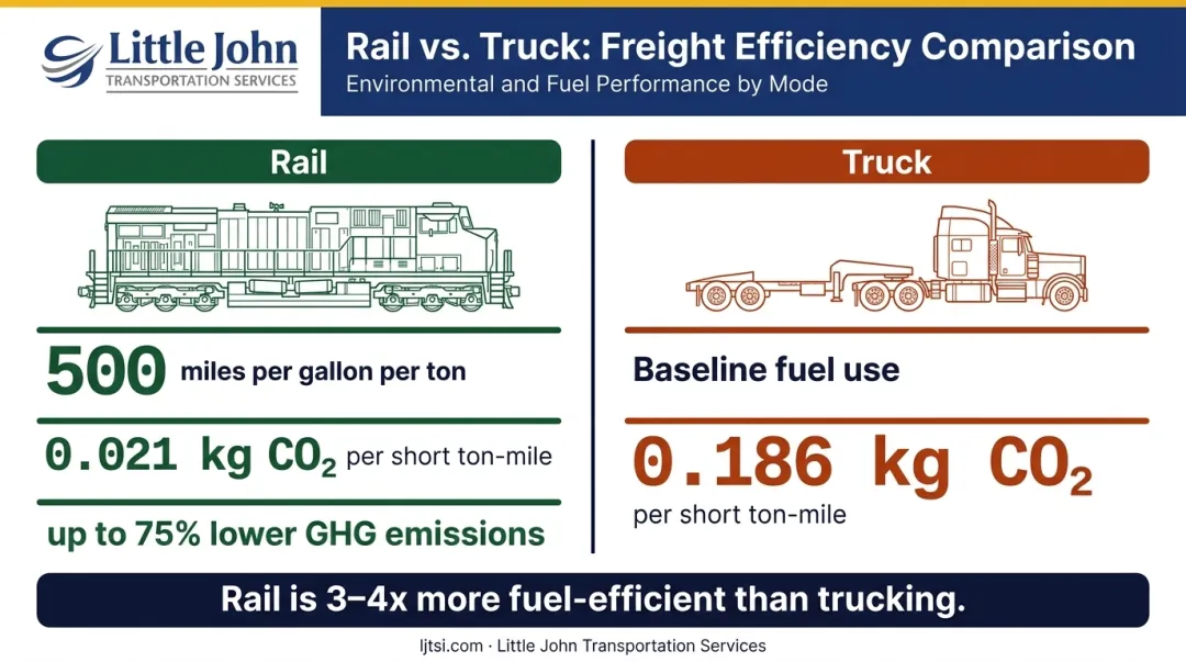 Rail versus truck fuel efficiency and CO2 emissions comparison infographic
