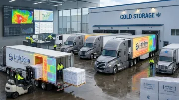 Pharmaceutical cold chain reefer trailer fleet with temperature monitoring systems at logistics facility