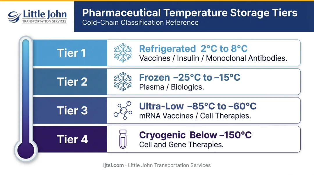 Four pharmaceutical cold chain temperature tiers comparison chart with ranges and examples