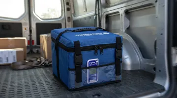Temperature-controlled medical specimen transport cooler with monitoring equipment inside vehicle