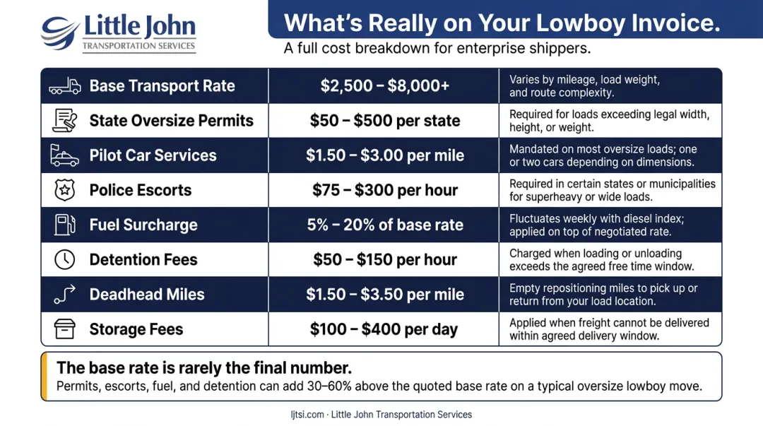 Lowboy trucking invoice cost breakdown showing all billable components and typical ranges