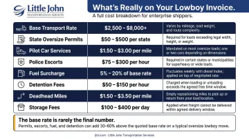 Lowboy trucking invoice cost breakdown showing all billable components and typical ranges