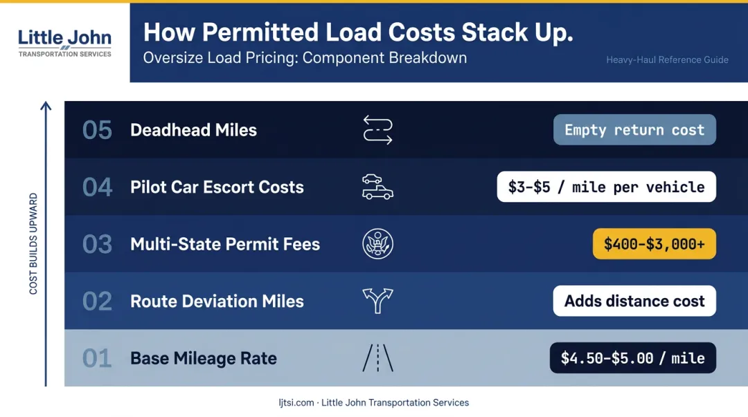 Permitted oversize load cost components stacking from base rate to total