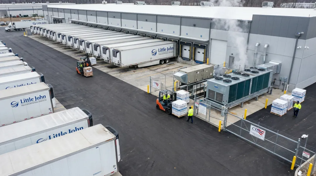 CTPAT-compliant pharmaceutical cold chain facility with reefer trailers and cross-dock operations