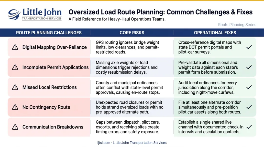 Five oversized load route planning challenges with core risks and solutions comparison chart