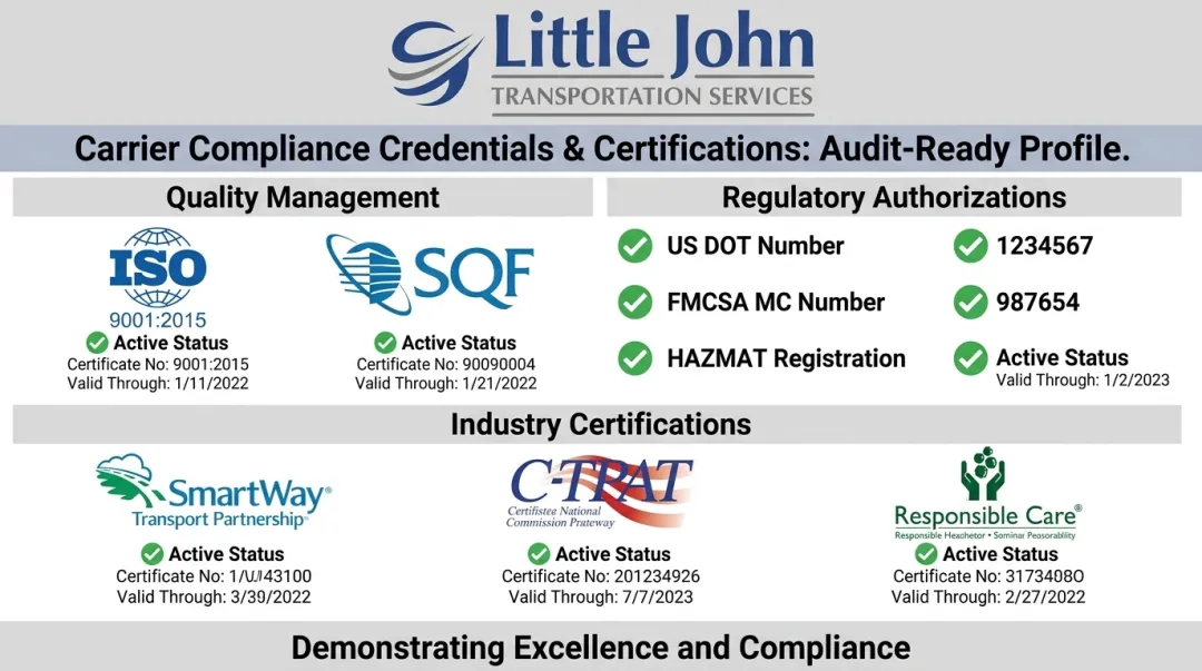Hazmat carrier certification credentials display showing ISO HMSP C-TPAT and FAST compliance badges