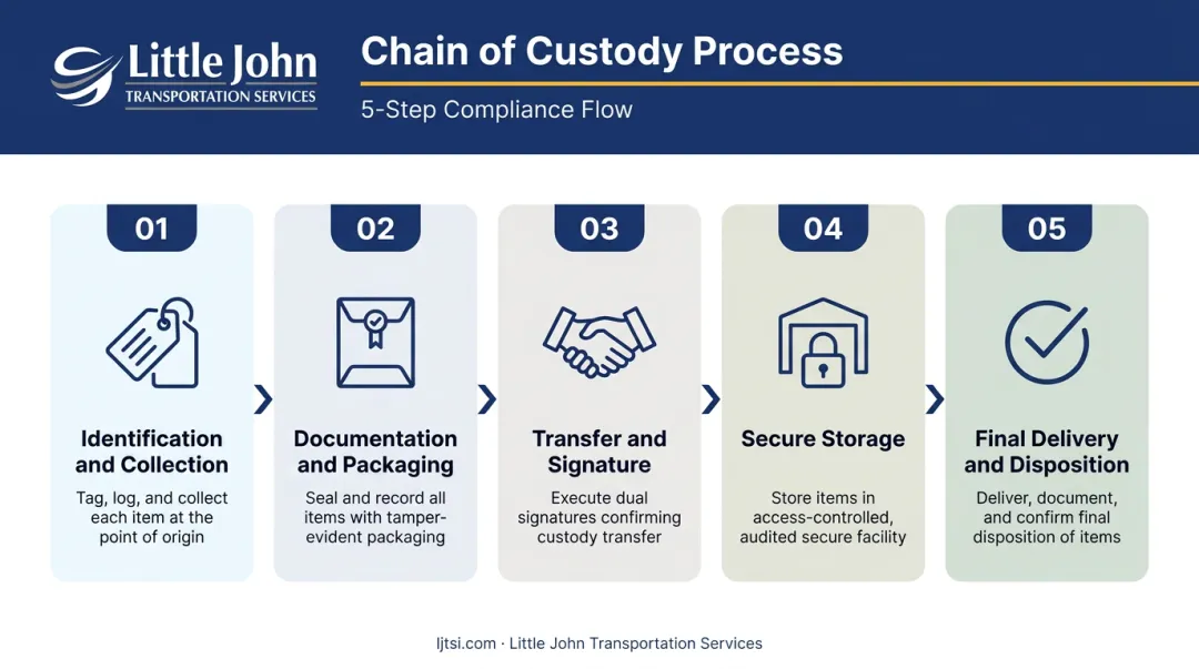 5-step chain of custody process flow from identification to final delivery