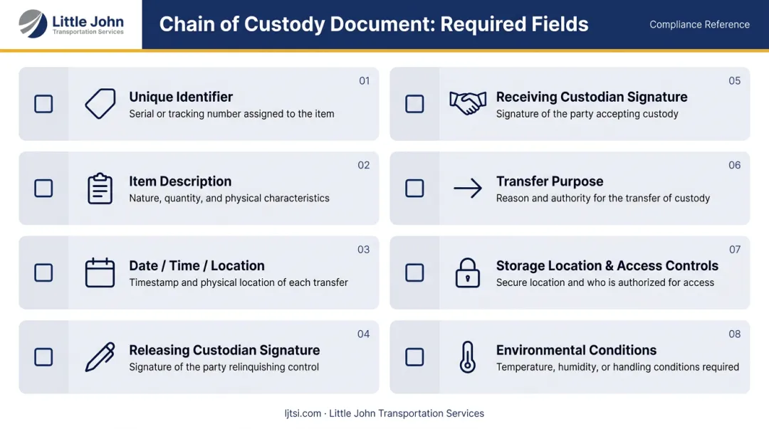 Chain of custody document required fields checklist infographic for compliance
