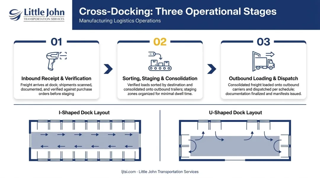 Three-step cross-docking process flow inbound receipt sorting and outbound dispatch