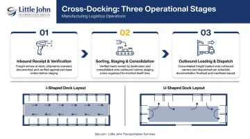 Three-step cross-docking process flow inbound receipt sorting and outbound dispatch