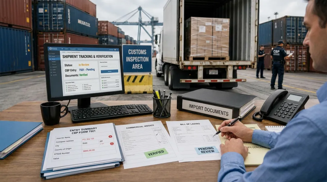 Customs broker reviewing cross-border shipping documents at border facility desk