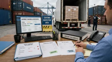 Customs broker reviewing cross-border shipping documents at border facility desk