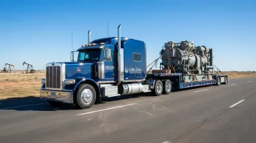 Flatbed hot shot truck hauling industrial equipment on open-deck trailer highway