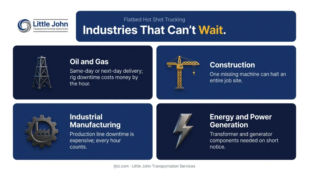 Four primary industries driving flatbed hot shot trucking demand infographic