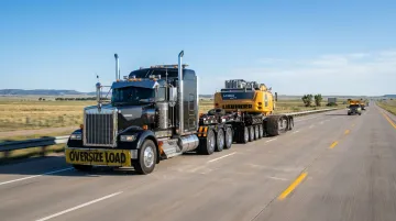 Specialized flatbed truck transporting oversized industrial equipment on highway