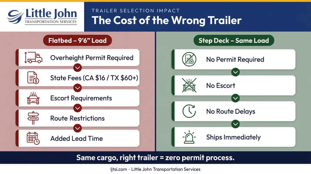 Flatbed overheight permit process versus step deck no-permit route cost comparison