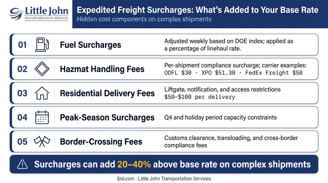 Expedited freight surcharge breakdown showing fuel hazmat residential and peak season fees