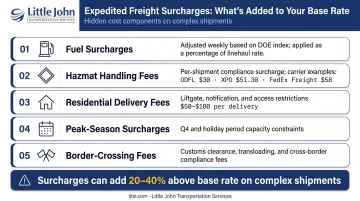 Expedited freight surcharge breakdown showing fuel hazmat residential and peak season fees