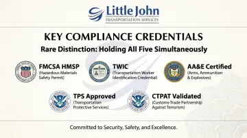 Little John Transportation Services compliance credentials list including FMCSA HMSP and CTPAT certifications