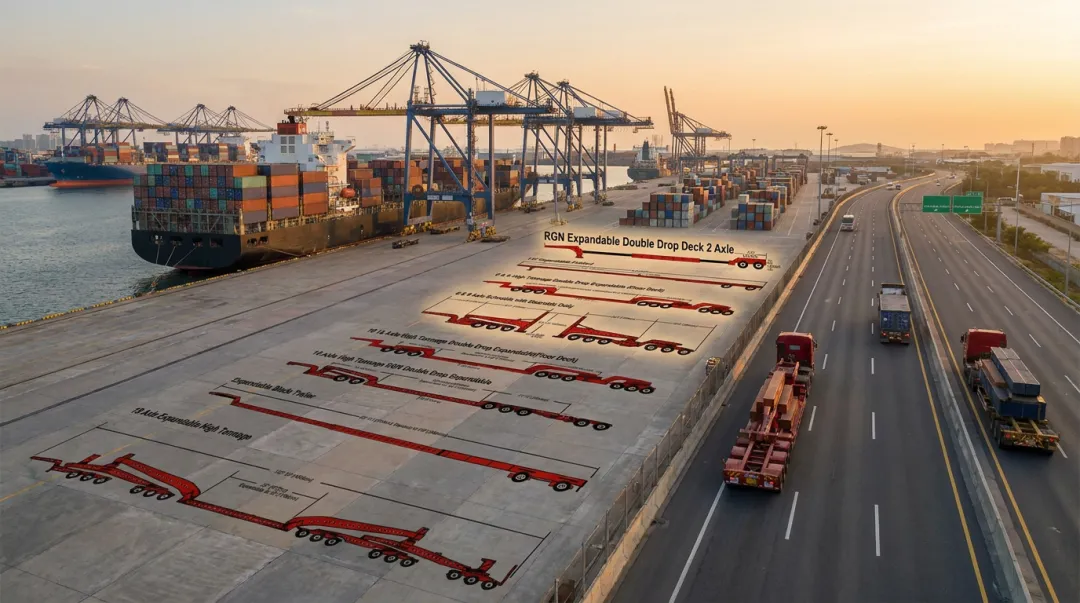 Specialized heavy transport trailers including RGN lowboy and multi-axle configurations