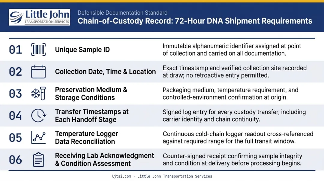 Complete chain-of-custody record components for 72-hour DNA shipment compliance