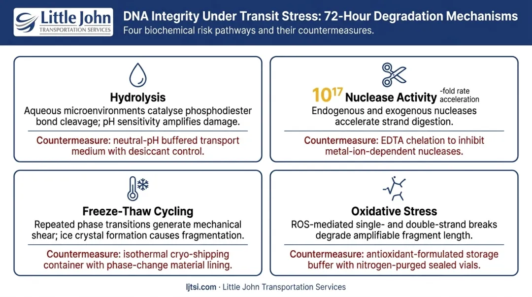 Four DNA degradation mechanisms during transit with countermeasures overview infographic