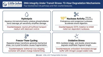 Four DNA degradation mechanisms during transit with countermeasures overview infographic