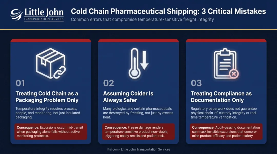 Three most common cold chain medication shipping mistakes and consequences infographic