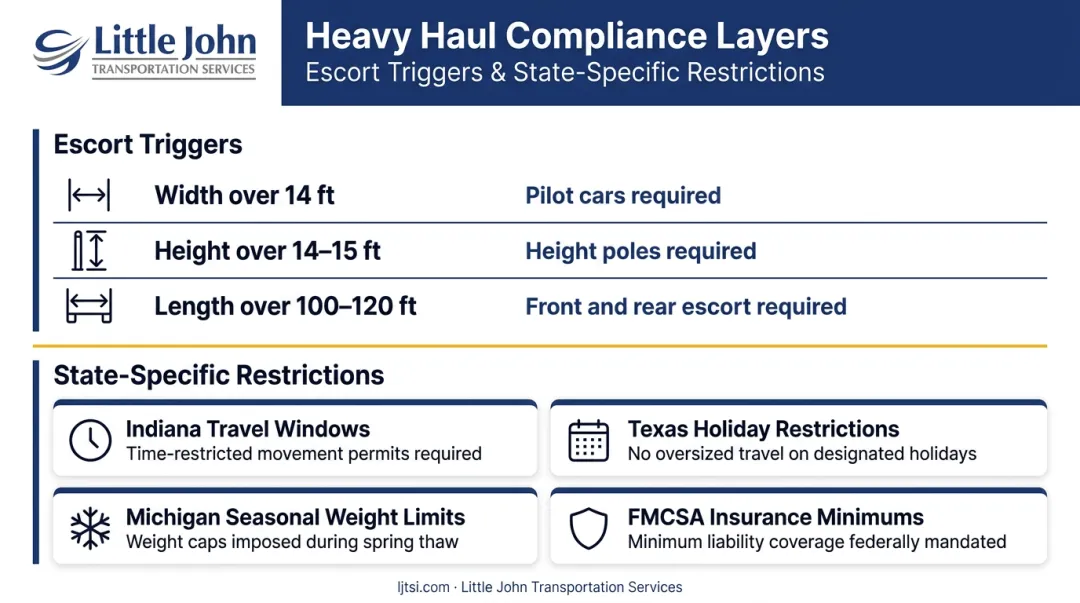 Heavy haul escort requirements and state travel restrictions compliance layers breakdown infographic