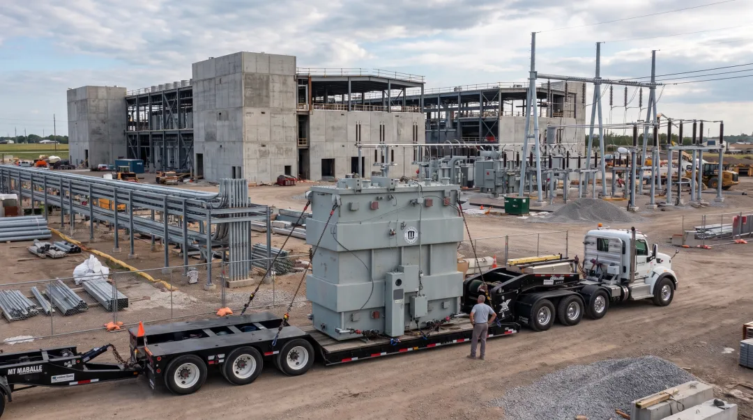 Large power transformer on multi-axle heavy haul trailer at data center construction site