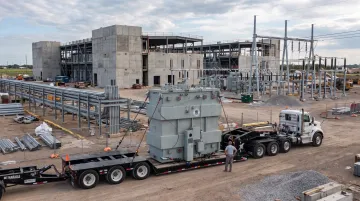 Large power transformer on multi-axle heavy haul trailer at data center construction site