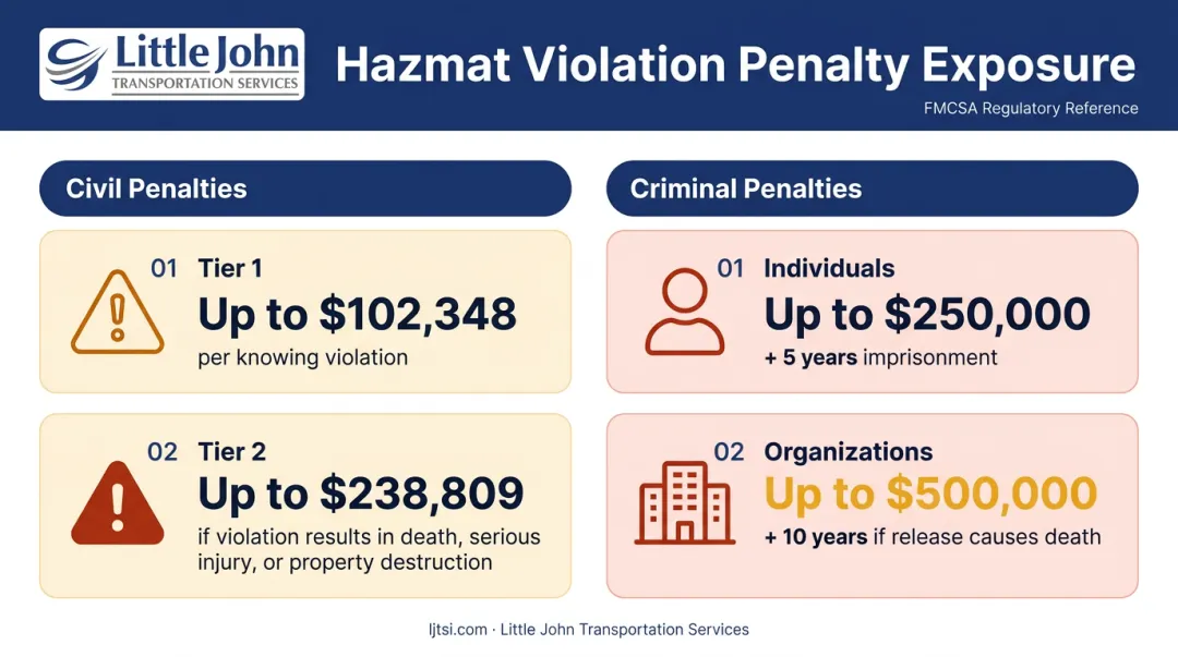 DOT hazmat violation civil and criminal penalty tiers comparison infographic